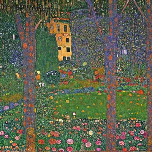 Prompt: an ancient village in a magical forest, painting by Gustav Klimt