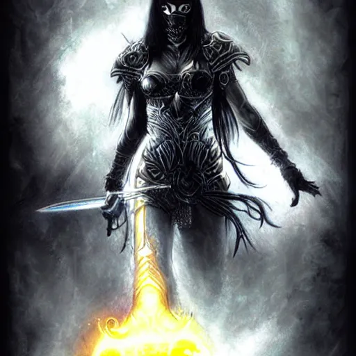 Image similar to female warrior with mask, black hair, glowing sword, cinematic, by luis royo