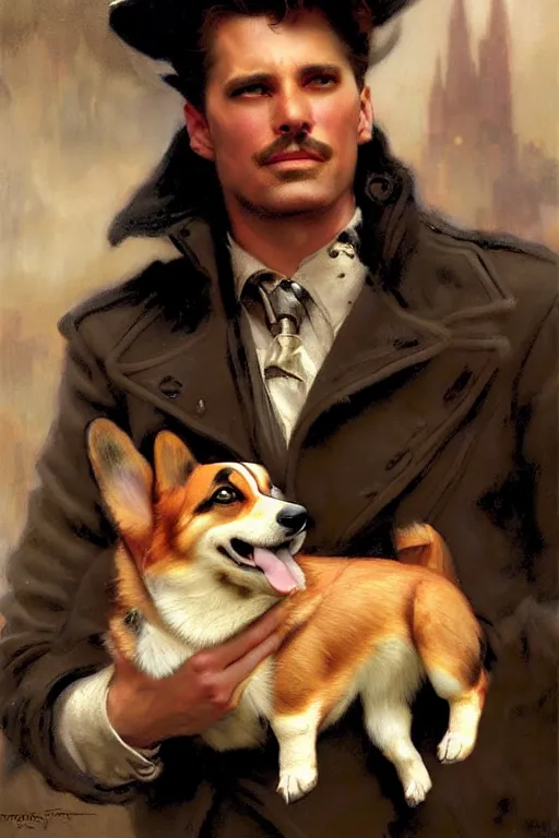 Image similar to attractive man holding a corgi matte painting by gaston bussiere, craig mullins, j. c. leyendecker, tom of finland