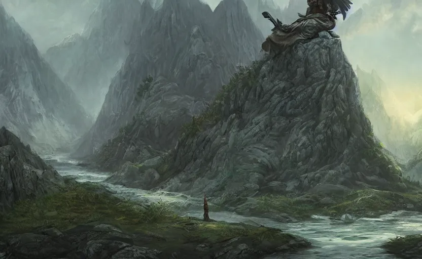 Prompt: A large statue of a wizard guarding a river valley, landscape art, concept art, intense, fantasy, inspiring