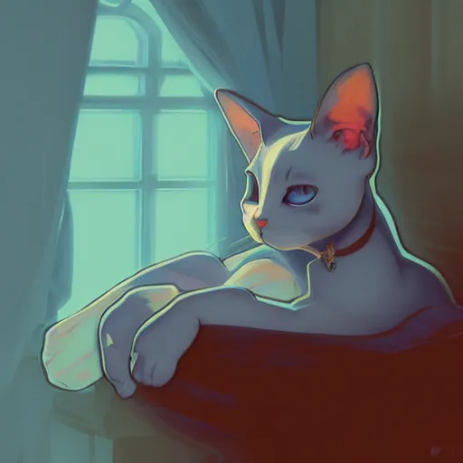 Prompt: a powder blue cat with oversized ears taking a nap ambient lighting, 4 k, lois van baarle, ilya kuvshinov, rossdraws, alphonse mucha, jung gi kim, artstation