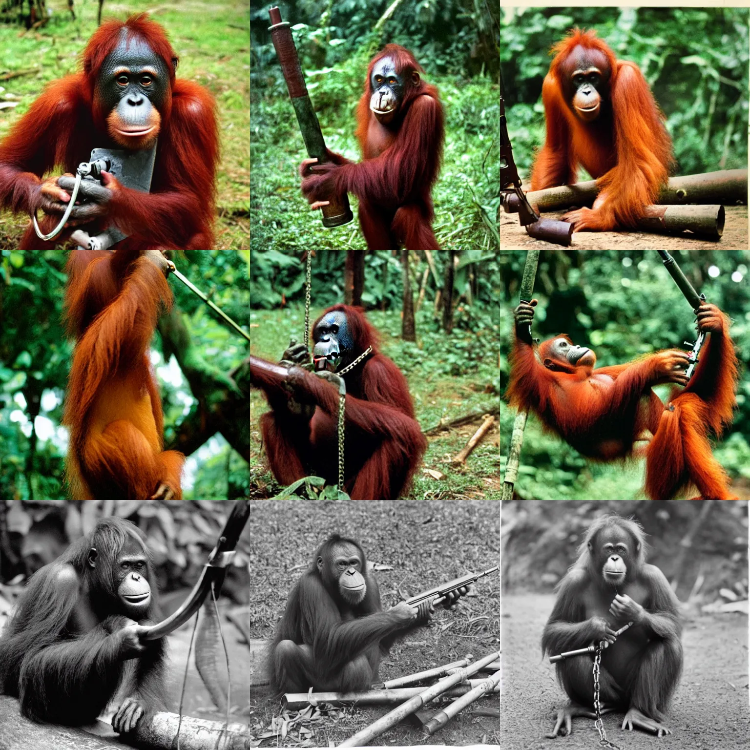 Prompt: photograph of an orangutan holding a chaingun in the vietnam war