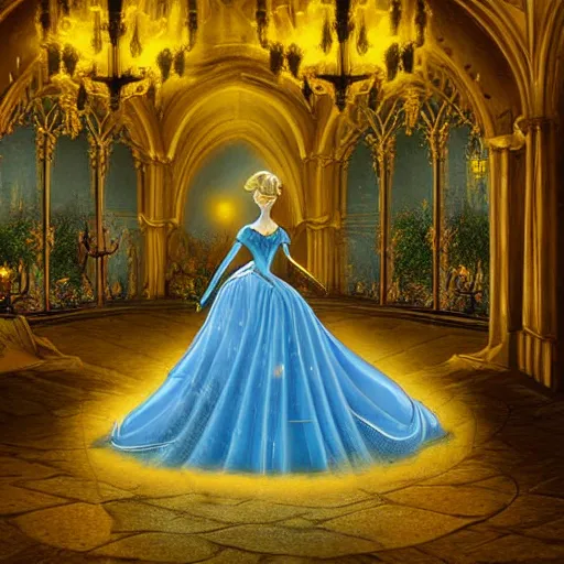 Prompt: cinderella dressed in the world's most beautiful yellow ballgown stands gracefully in the middle of a magical ballroom of a fairytale castle, spotlight on her. highly detailed fantasy art, ultra realistic, digital art, dreamy atmosphere and soft illumination