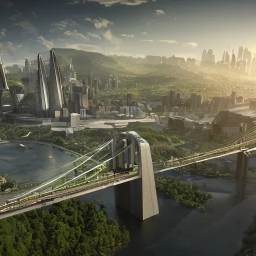 Prompt: hyper-realistic, large futuristic high tech city hidden underneath, tall buildings connected with bridges, luxuriant vegetation, flying cars, photoreal, dramatic sunlight highlights, in valley, amongst high mountains volumetric lighting, intricate details, octane render, cinematic, realism, high detail,unreal engine, vfx,