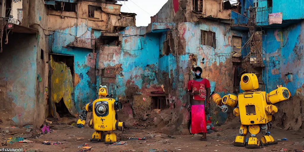 Prompt: colourful - damaged - giant mecha ROBOT of AJEGUNLE SLUM in Lagos, markings on robot, house are neon lit, Golden Hour,