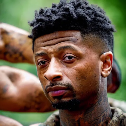 Prompt: first shot of 2 1 savage in rambo remake, directed by christopher nolan, ( eos 5 ds r, iso 1 0 0, f / 8, 1 / 1 2 5, 8 4 mm, postprocessed, crisp face, facial features )