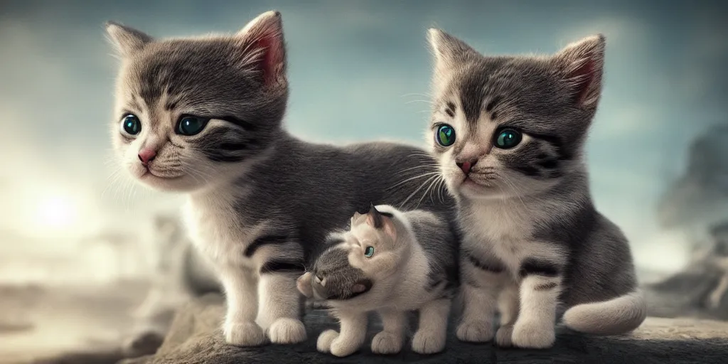 Image similar to tiny kitty and a tiny puppy, realistic 4 k octane beautifully detailed render, 4 k post - processing, highly detailed, intricate complexity, epic composition, magical atmosphere, cinematic lighting, masterpiece, ultra hd