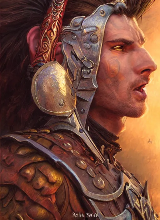 Image similar to a ultra realistic fantasy portrait painting of a male warrior, ultra detailed, art by ralph horsley, swanland, sabbas, dynamic lighting,. cinematic lighting