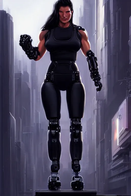 Image similar to gina carano with robotic left arm, casual black clothing, muscular, realistic proportions, casual pose, large portrait, cyberpunk, shadowrun, rpg character, digital painting, artstation, concept art, smooth, 8 k frostbite 3 engine, ultra detailed, art by artgerm and greg rutkowski and magali villeneuve