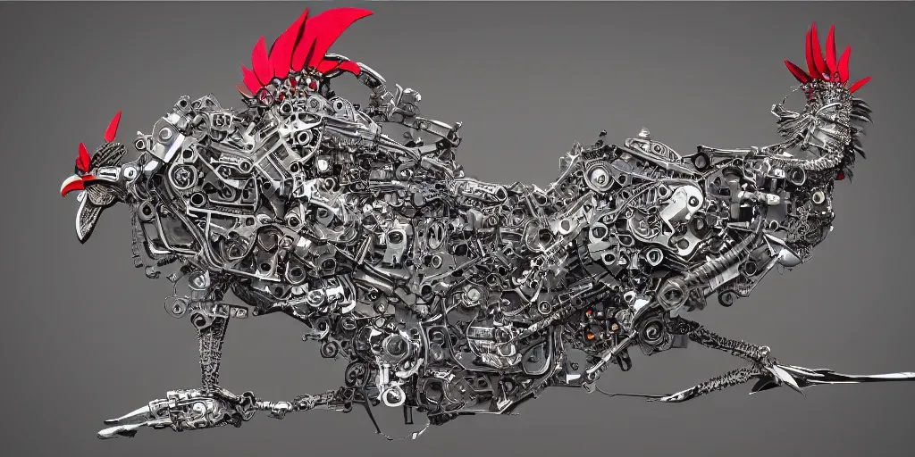 Prompt: schematic of a fighting rooster made of car engine parts, schematic, intricate, highly detailed