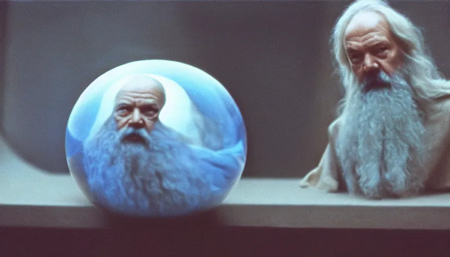 Prompt: 1 9 7 0 s movie still by tarkovsky of elder socrates in blue drapery in a glass sphere, cinestill 8 0 0 t 3 5 mm, high quality, heavy grain, high detail, panoramic, ultra wide lens, cinematic composition, dramatic light, anamorphic, dof, piranesi style