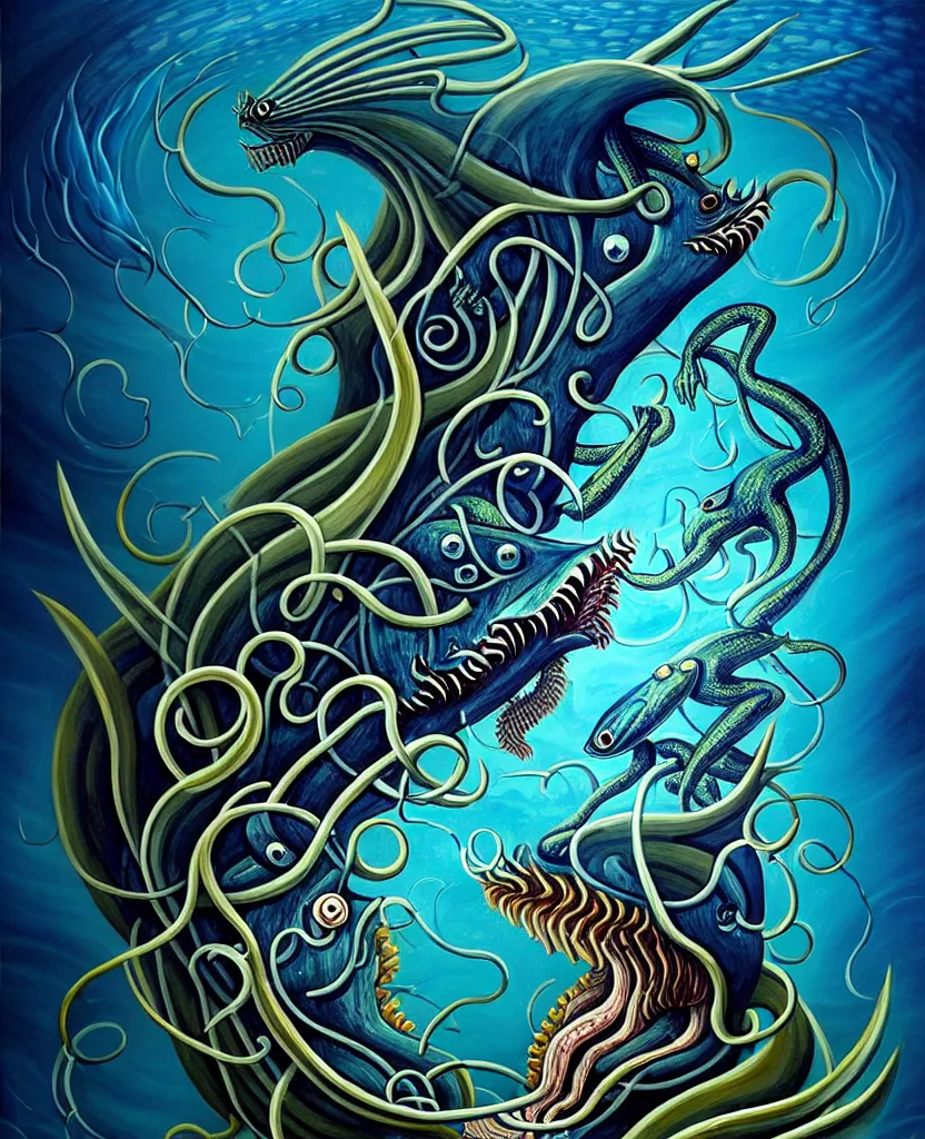 Image similar to mysterious bestiary of wild emotion monsters repressed in the deep sea of unconscious of the psyche, about to rip through and escape in a extraordinary revolution, painted by ronny khalil