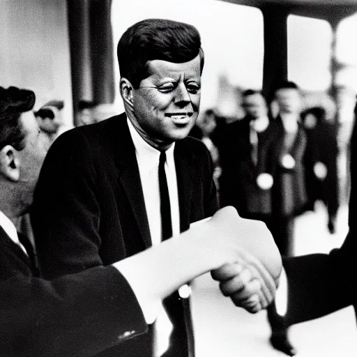 Prompt: president john f kennedy shaking hands with an alien, black and white photography, detailed, ultra realistic, photorealistic, cinematic