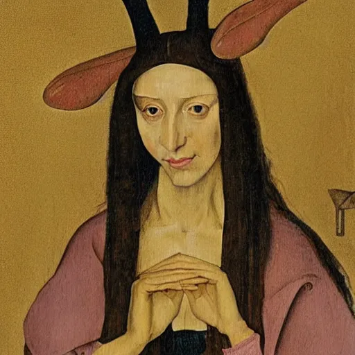 Prompt: a painting of a beautiful woman with long hair and jackal ears in the style of hieronymus bosch