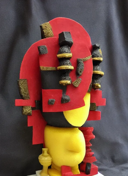 Image similar to sponge sculpture of an ancient warrior, red and black and gold theme