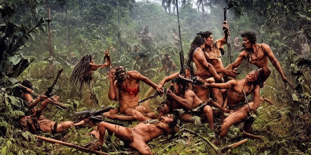 Image similar to battle in jungle, brutal Indians fight, epic camera perspective, old camera, blood, slight inspiration of Boris vallejo and apocalypto, war photography