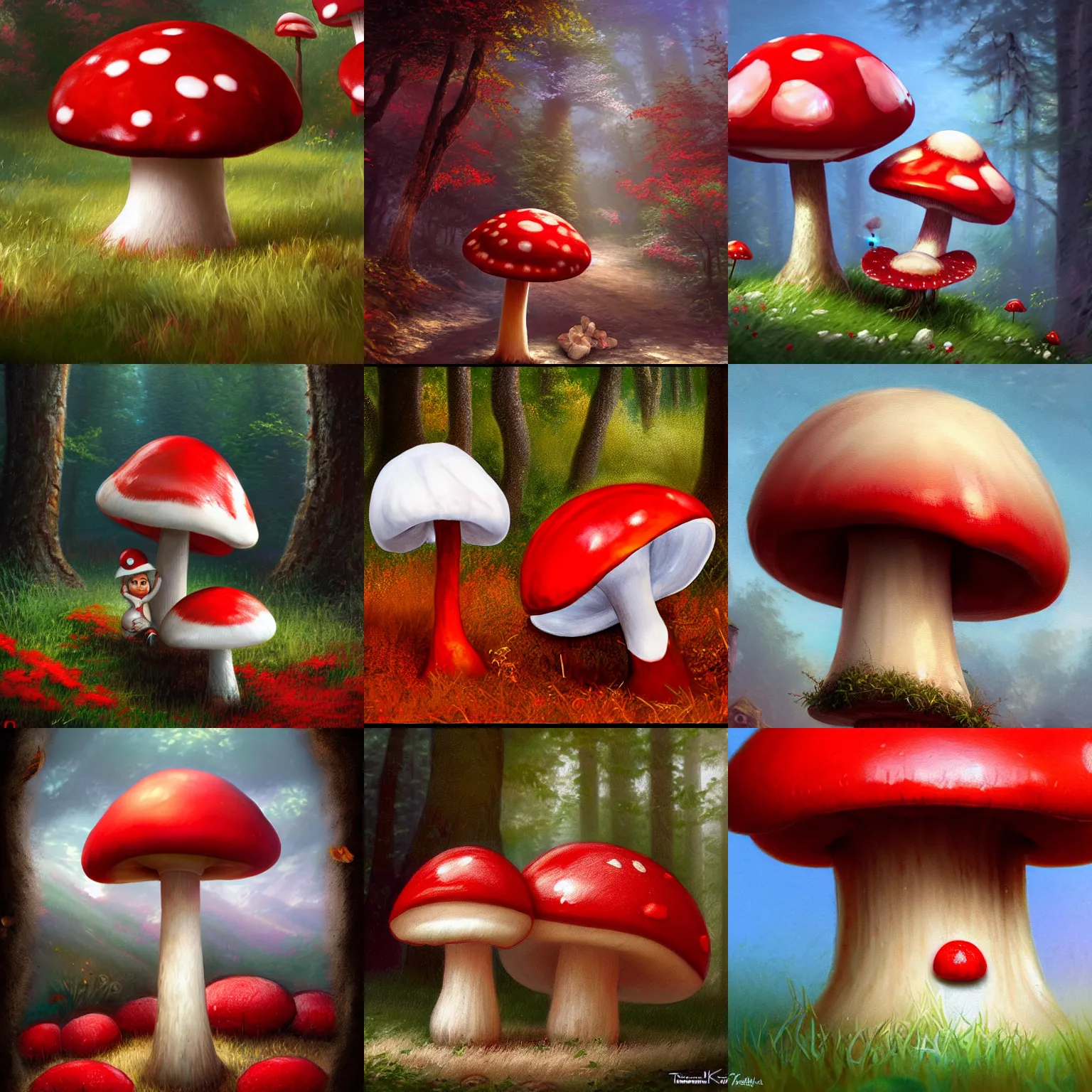 Prompt: Humanoid red and white mushroom by Thomas Kinkade, artstation, deviantart, 4k
