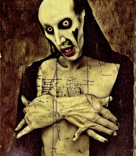 Image similar to portrait of marilyn manson by joel peter witkin and hieronymus bosch, high quality, high detail