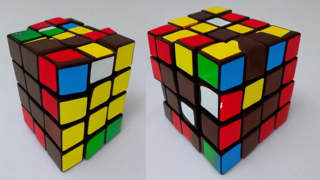 Prompt: unsolved rubik's cube made of various colored chocolate,