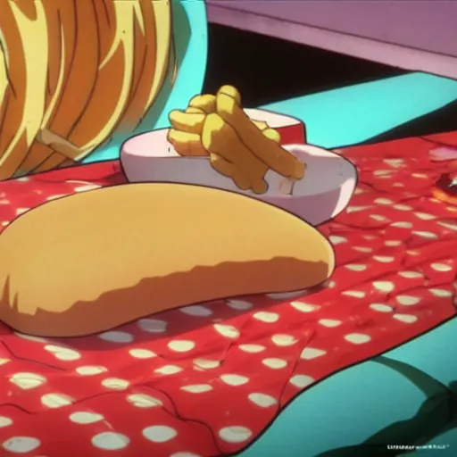 Image similar to still from anime film by makoto shintai of a hotdog