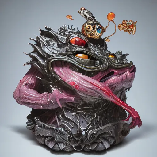 Image similar to plasticine wet shiny angles, crystal, moonlit, mirrors, camera angled dramatically, realistic hyperdetailed design of pepe the frog meme, ferocious, chinese mythology, victo nga, fumo yoshitoshi, ren jing jeong, feifei ruan, peter mohrbacher, takato yamamoto