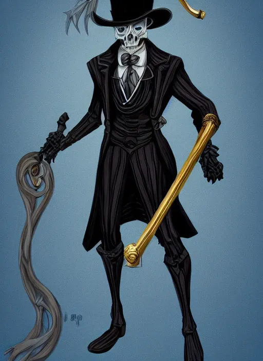 Image similar to DND character art, skeletal male figure, wearing a deep black suit!!! and tie and top hat, holding a gold! cane!, blue flames!!