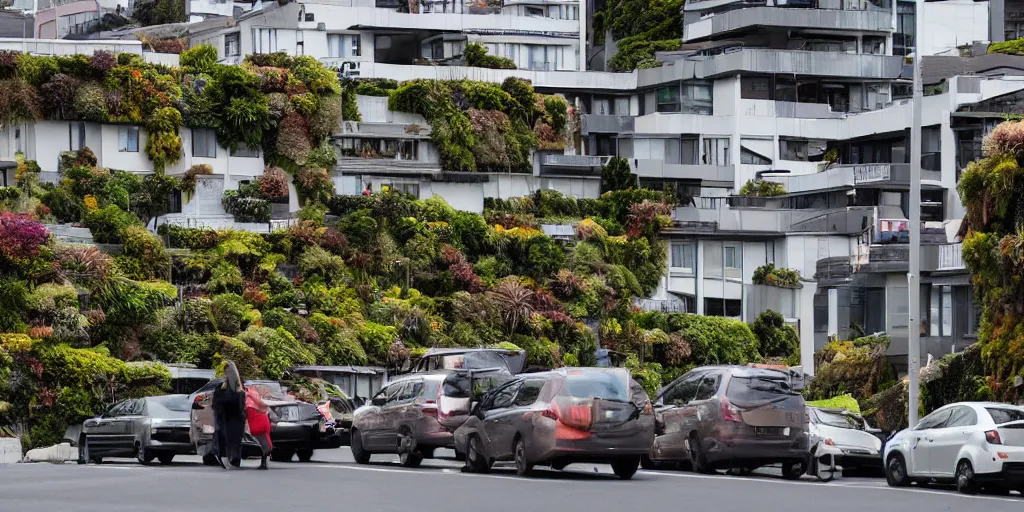 Image similar to a street in wellington new zealand where multiple buildings are covered in living walls made of endemic new zealand epiphyte species. patrick blanc. people walking on street. cars parked. windy day. 2 5 0 meter high hills in distance