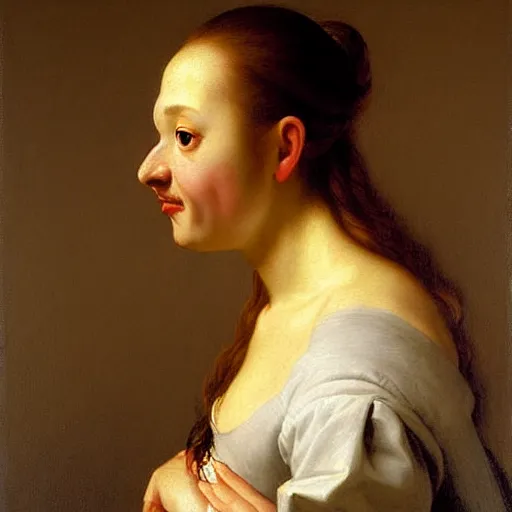 Image similar to Facial portrait of a cute shy woman, looking away from the camera, seductive smile, sparkle in eyes, lips slightly parted, long flowing hair, no hands visible, intricate, extremely detailed painting by Jan Steen and by Greg Rutkowski and by Moebius, golden hour