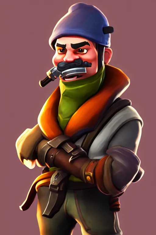 Image similar to beautiful highly detailed realistic stylized portrait of a small wacky guy with a sword, team fortress 2, fortnite, torchlight, heartstone, detailed character art, portrait, trending on artstation