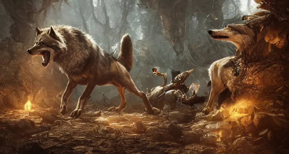 Prompt: wolves and their treasures. fantasy style, - ultra realistic, octane render, unreal engine 5, raytracing, 8 k highly detailed, trending on artstation, illustration, - digital painting, highly detailed render