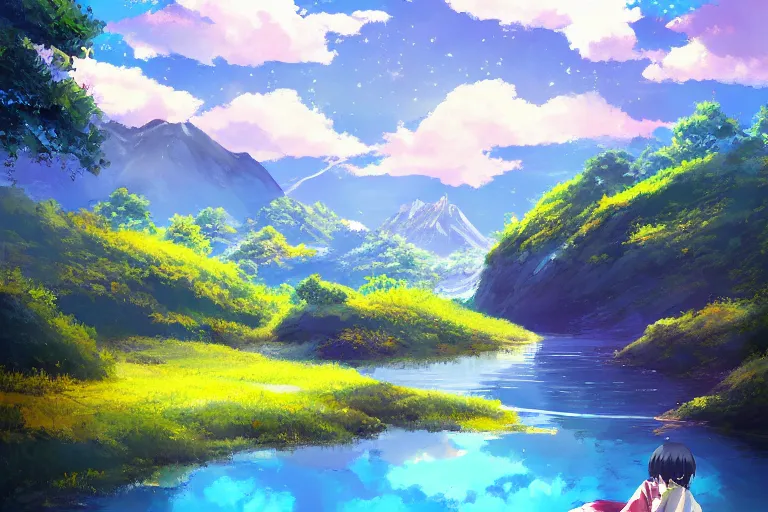 Prompt: Anime painting of a lake and mountain landscape, relaxed, calm, atmospheric, peacefull, trending on artstation, kimi no na wa