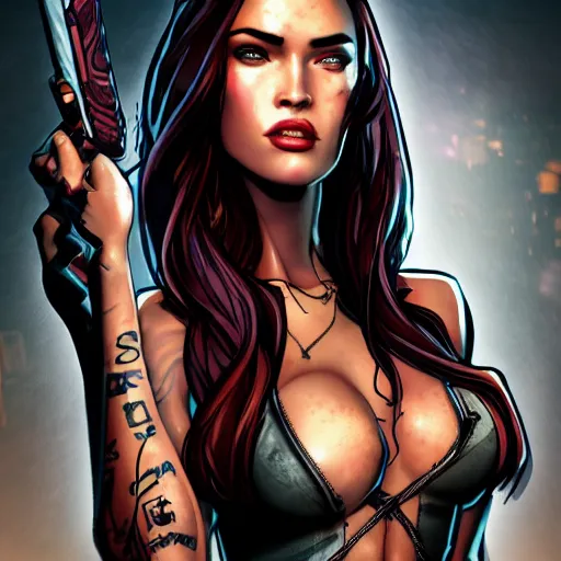 Image similar to megan fox portrait, borderlands, tales from the borderlands, the wolf among us, comic, cinematic lighting, studio quality, 8 k