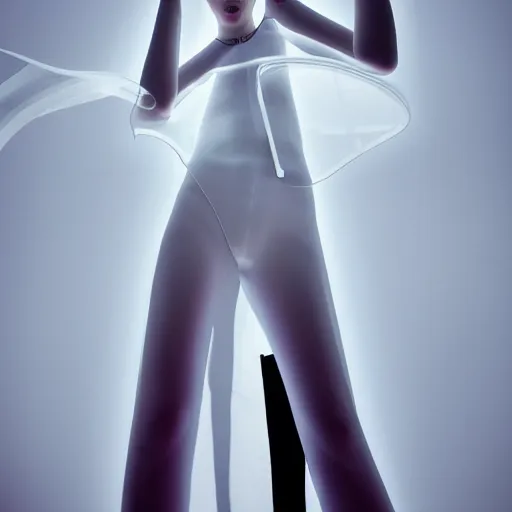 Prompt: high fashion photography of a model in neo futurism white sci - fi transparent cloth, beautifully lit