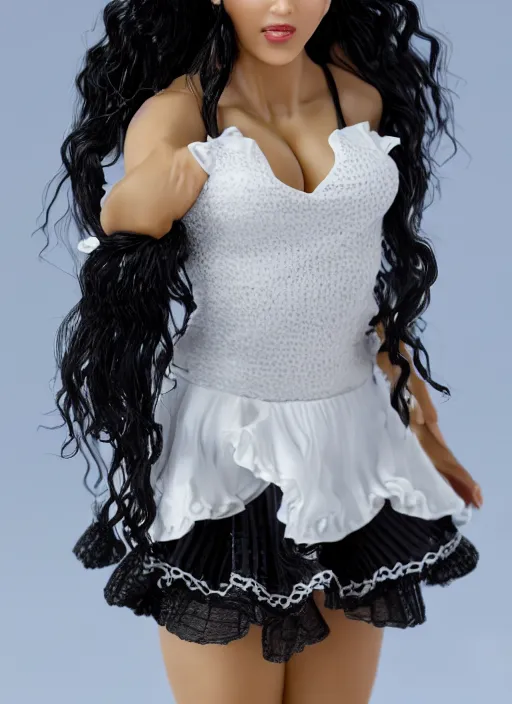 Image similar to Product Introduction Photos, 4K, Full body, 80mm resin detailed miniature of a very muscular Black Woman in white and lacy ruffled mini-skirt, dark skin, black hair