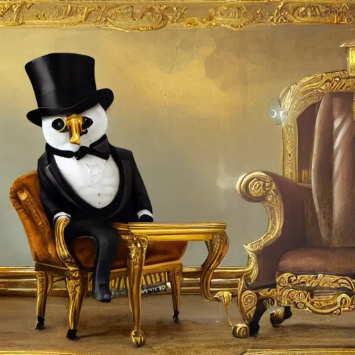 Image similar to oil painting of grumpy rich steampunk penguin sitting on fancy chair, wearing top hat, holding gold, steampunk factory background, factory background, sharp focus, fantasy style, octane render, volumetric lighting, 8k high definition, by greg rutkowski, highly detailed, trending on art Station, centered