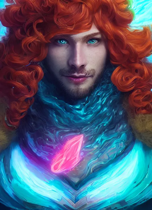 Image similar to glowwave portrait of curly orange hair man from league of legends, au naturel, hyper detailed, digital art, trending in artstation, cinematic lighting, studio quality, smooth render, unreal engine 5 rendered, octane rendered, art style by klimt and nixeu and ian sprigger and wlop and krenz cushart.