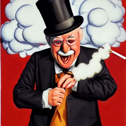 Image similar to uncle pennybags holding a Sherlock pipe, melting smoke clouds, drawing by Alex Ross