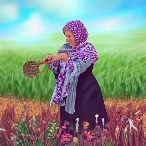 Image similar to a babushka playing drums in a field full of herbs, digital art