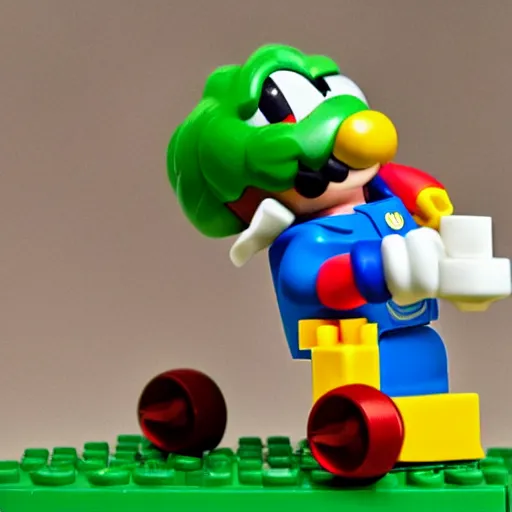 Image similar to a photo of realistic plumber mario riding on yoshi, lego mini figures