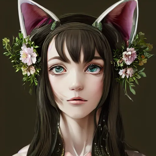Prompt: a stunning portrait of an olive - skinned witch with cat ears wearing an ornate flower dress, by makoto shinkai, wlop, andrei riabovitchev, sakimichan, summer vibes, very coherent symmetrical artwork, perfect face, studio lighting, smooth, sharp focus, 4 k, masterpiece, trending on artstation