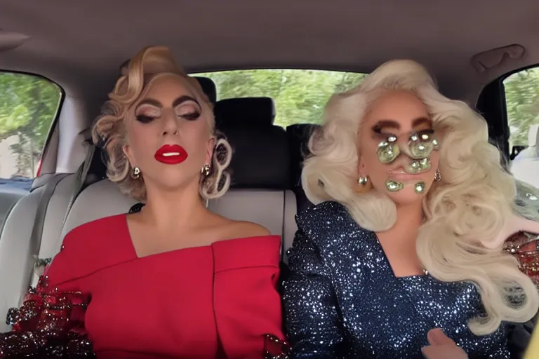 Image similar to lady gaga and judy in garland carpool karaoke, trending on youtube, highly realistic, highly detailed, high resolution, 8 k 4 k,