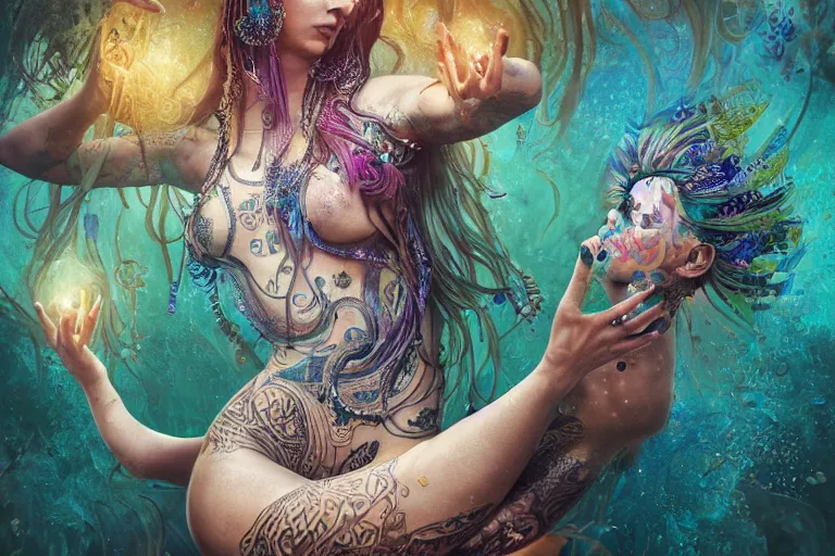 Image similar to a centered full body render of alluring festival hippies with tribal tattoos surrounded by a underwater ink pour and flowing liquid galium and sacred geometry, perfect face, powerful, cinematic, beautifully lit, by artgerm, by karol bak, by viktoria gavrilenko, 3 d, trending on artstation, octane render, 8 k