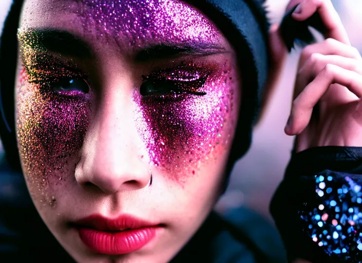 Prompt: Cinestill 50d photograph of a techwear mixed woman wearing thick mascara and dark glitter makeup crying outside of a city on fire, tattoos, tilted frame, 4k, 8k, hd, full color, bokeh