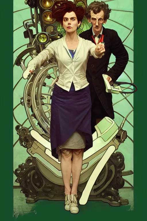 Image similar to doctor who, woman, as a mad dentist, on a plain green background, art by artgerm and greg rutkowski and alphonse mucha