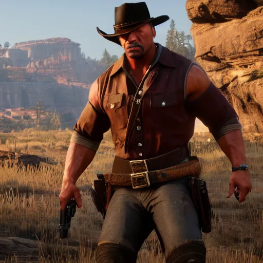 Image similar to High-quality screenshot of Dwayne The Rock Johnson in Red Dead Redemption 2, 8k cgsociety artstation