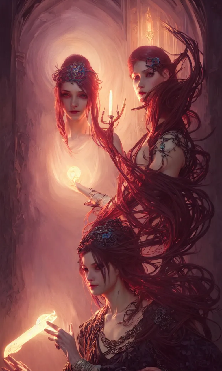 Image similar to Necromancer Sorceress in center, fantasy magic, undercut hairstyle, dark light night, intricate, elegant, sharp focus, illustration, highly detailed, digital painting, concept art, matte, art by WLOP and Artgerm and Greg Rutkowski and Alphonse Mucha, masterpiece