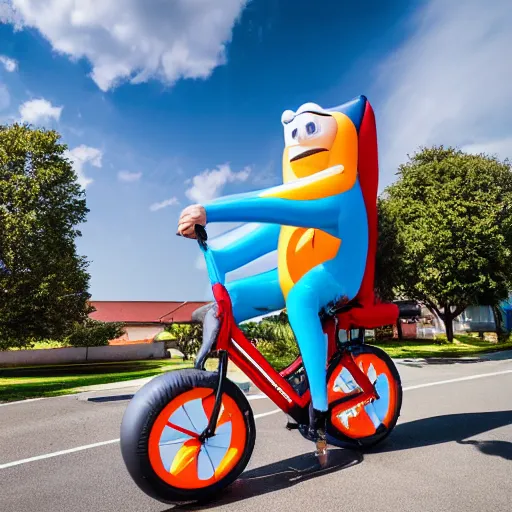 Prompt: wide shot of inflatable tube man riding a bicycle with natural light. high detail, ultrarealistic 4 k high shutter speed