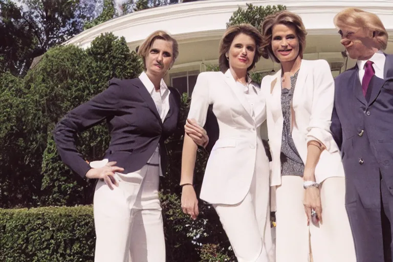 Image similar to press photo of a beautiful thirty - five year old powerful white female president in a suit, being held romantically by her two younger white boyfriends in the white house rose garden, professional photo, press photo, glamorous, 8 k photorealistic, very detailed