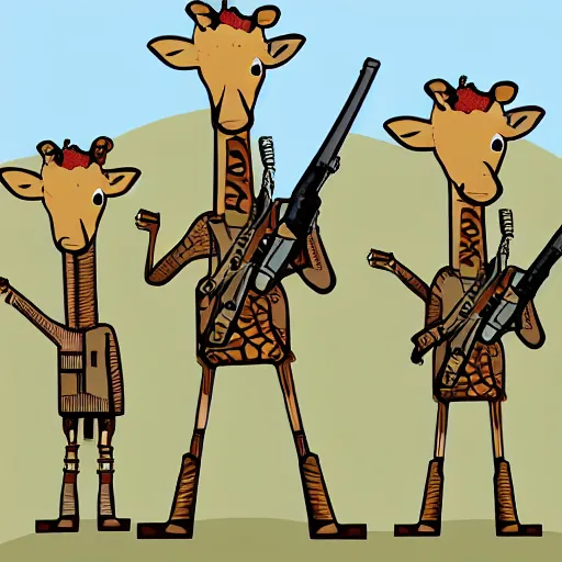 Image similar to giraffe army, holding guns and ammo, illustration, cartoon