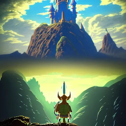 Image similar to An imposing and highly ornamented fantasy castle, Carved from Sapphire stone, Atmosphere, Dramatic lighting, Beautiful Landscape, Epic composition, Wide angle, by Miyazaki, Nausicaa Ghibli, Breath of The Wild